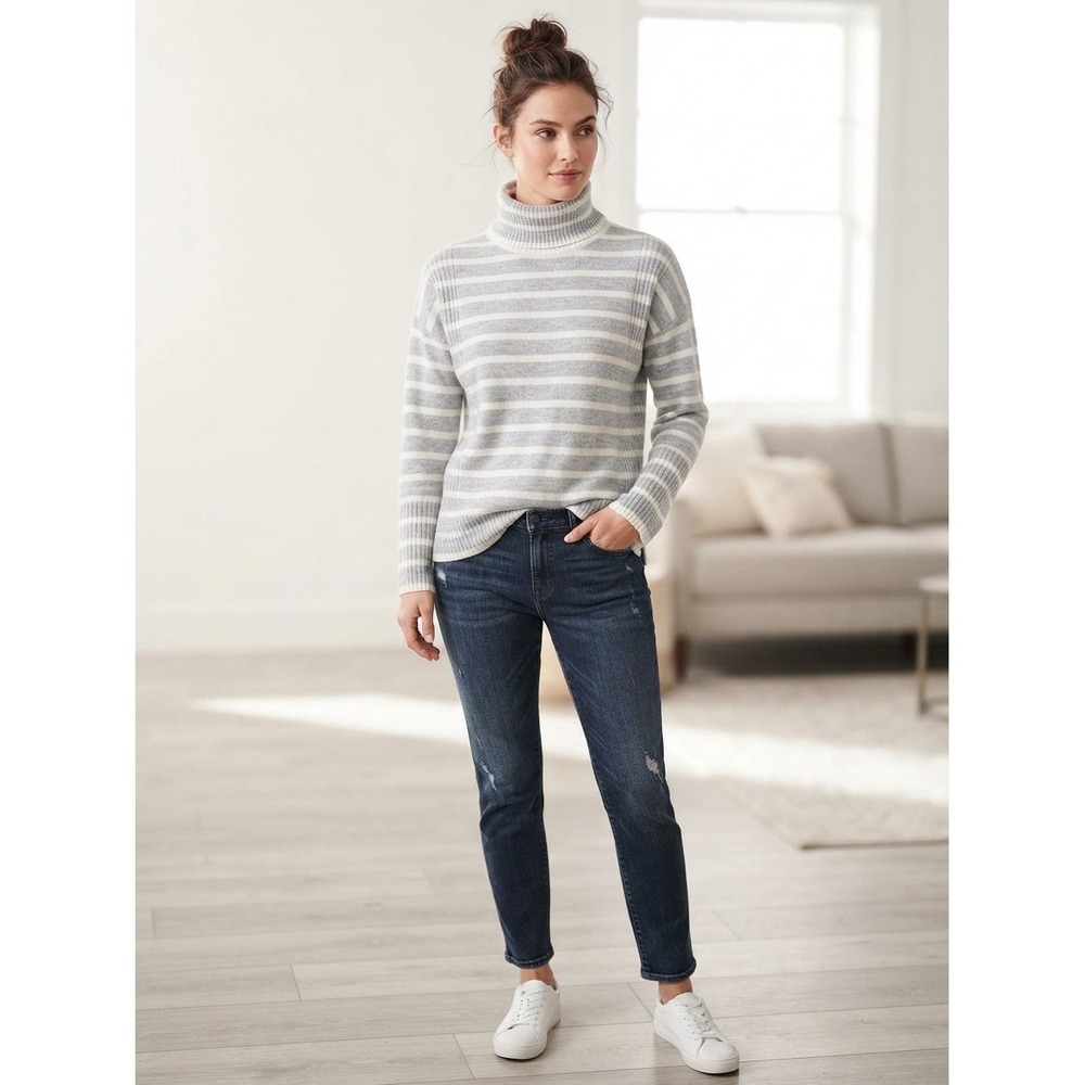 LOFT Gray White Striped Turtleneck Sweater Women S Ribbed Pullover Cozy Cabin
